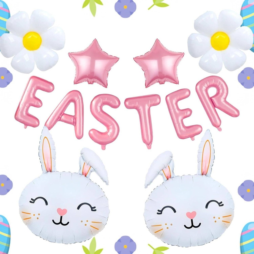 Pink Easter Balloon Kit Bunny Daisy Star Foil Banner Party Decorations 12pc